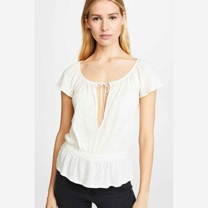 Theory Linen and Silk Cap Sleeve Ivory Keyhole Peplum Top Blouse